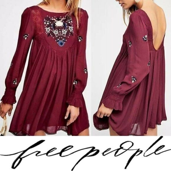 Free People Mohave A Line Swing Mini Dress XS Plum Oversized Deep V Back - Picture 2 of 16